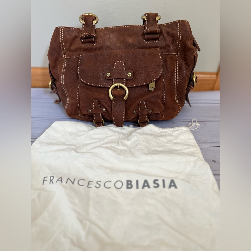 Francesco Biasia brown satchel shoulder bag gold brass hardware with dust bag